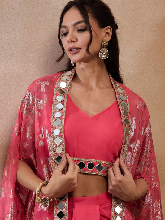 Coral V-Neck Crop Top With Draped Skirt & Cape