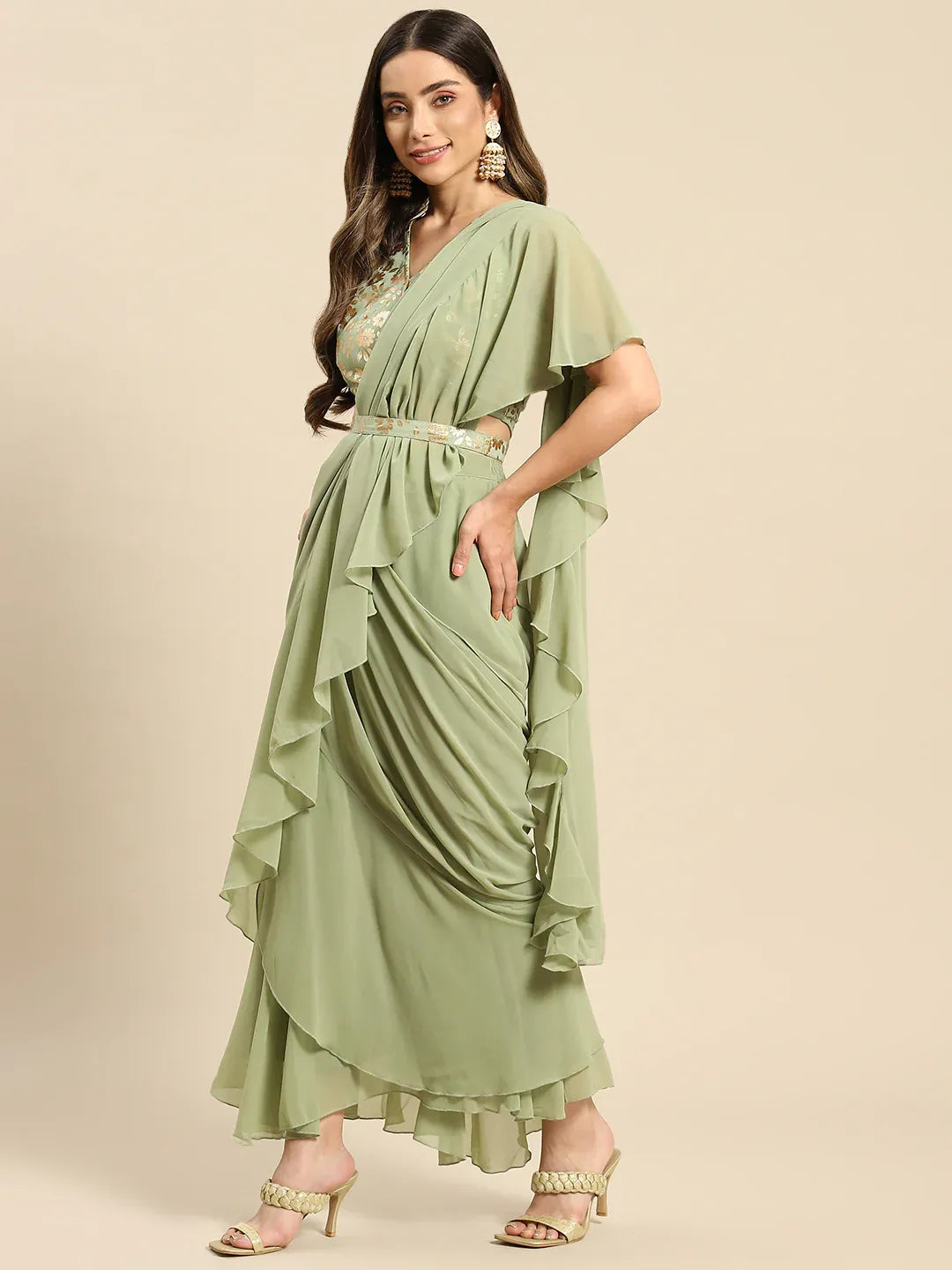 Blouse with prestiched frill Gown with Attached Drape