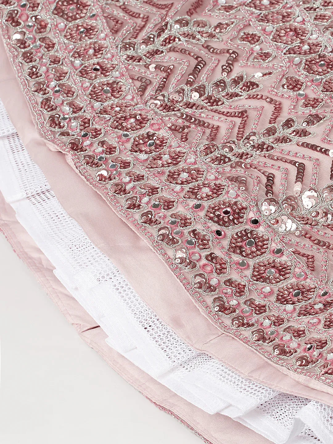 Rose gold and silver net mirror and sequins embroidery semi-stitched lehenga choli with dupatta for women, view 11