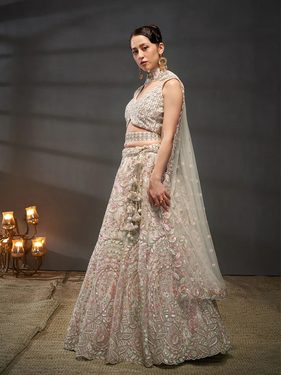 Cream - Multi Sequins Heavy Zarkan Net Embroidered Semi-Stitched Bridal Lehenga choli