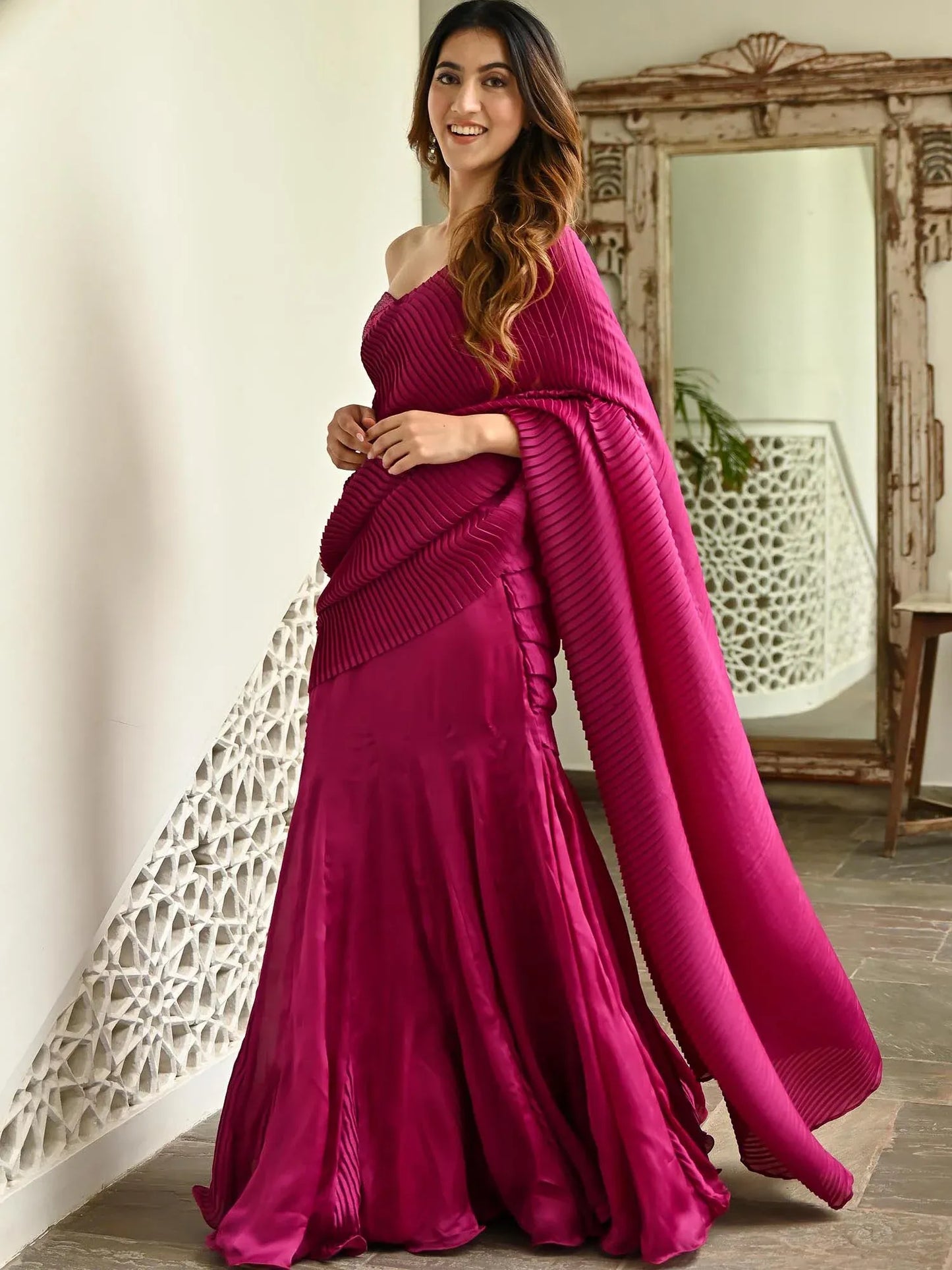 Magenta Pink Pleated Ready to Wear Saree