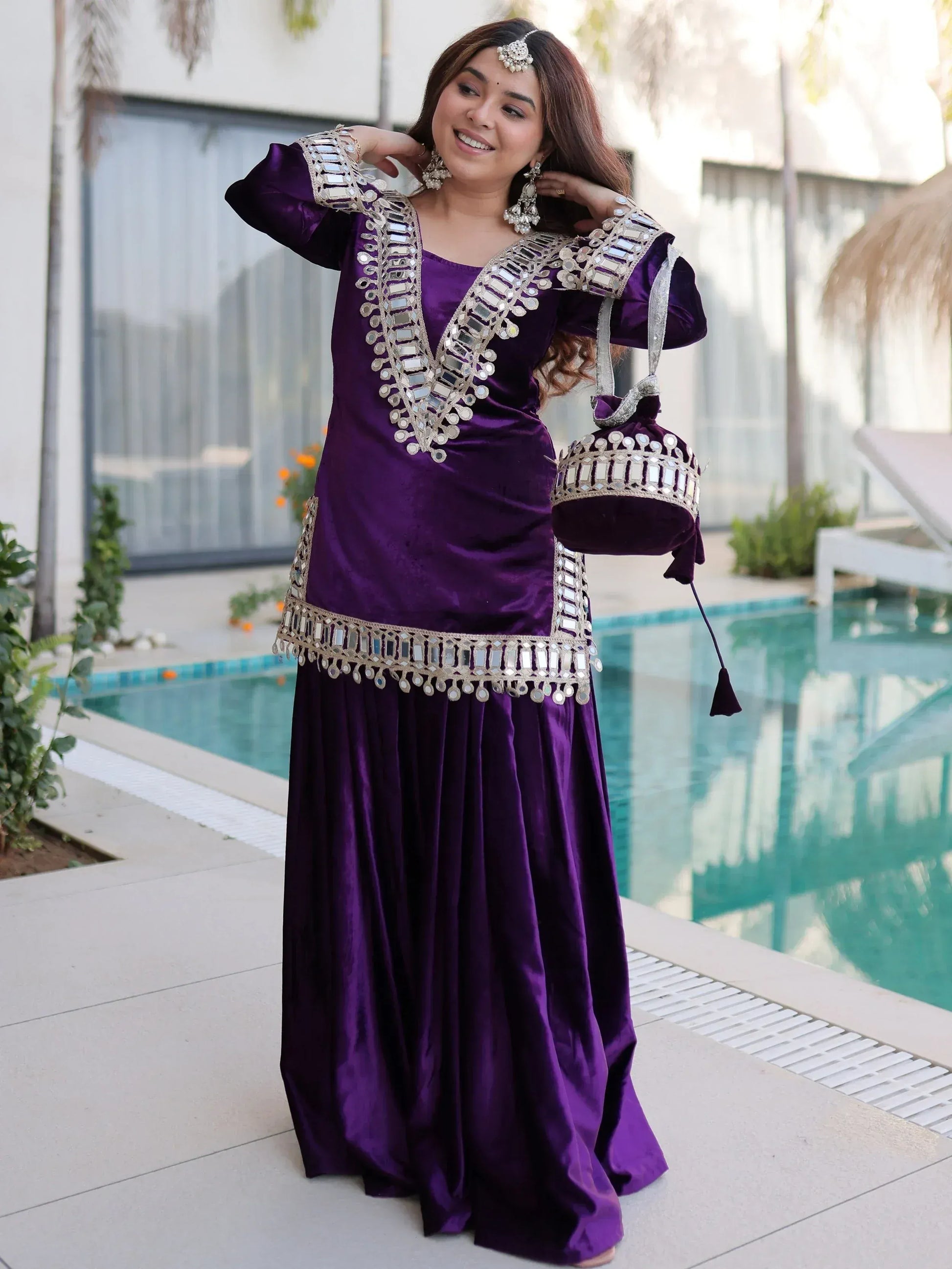 Teal blue and purple velvet mirror work sharara set for women, festive party wear, view 12
