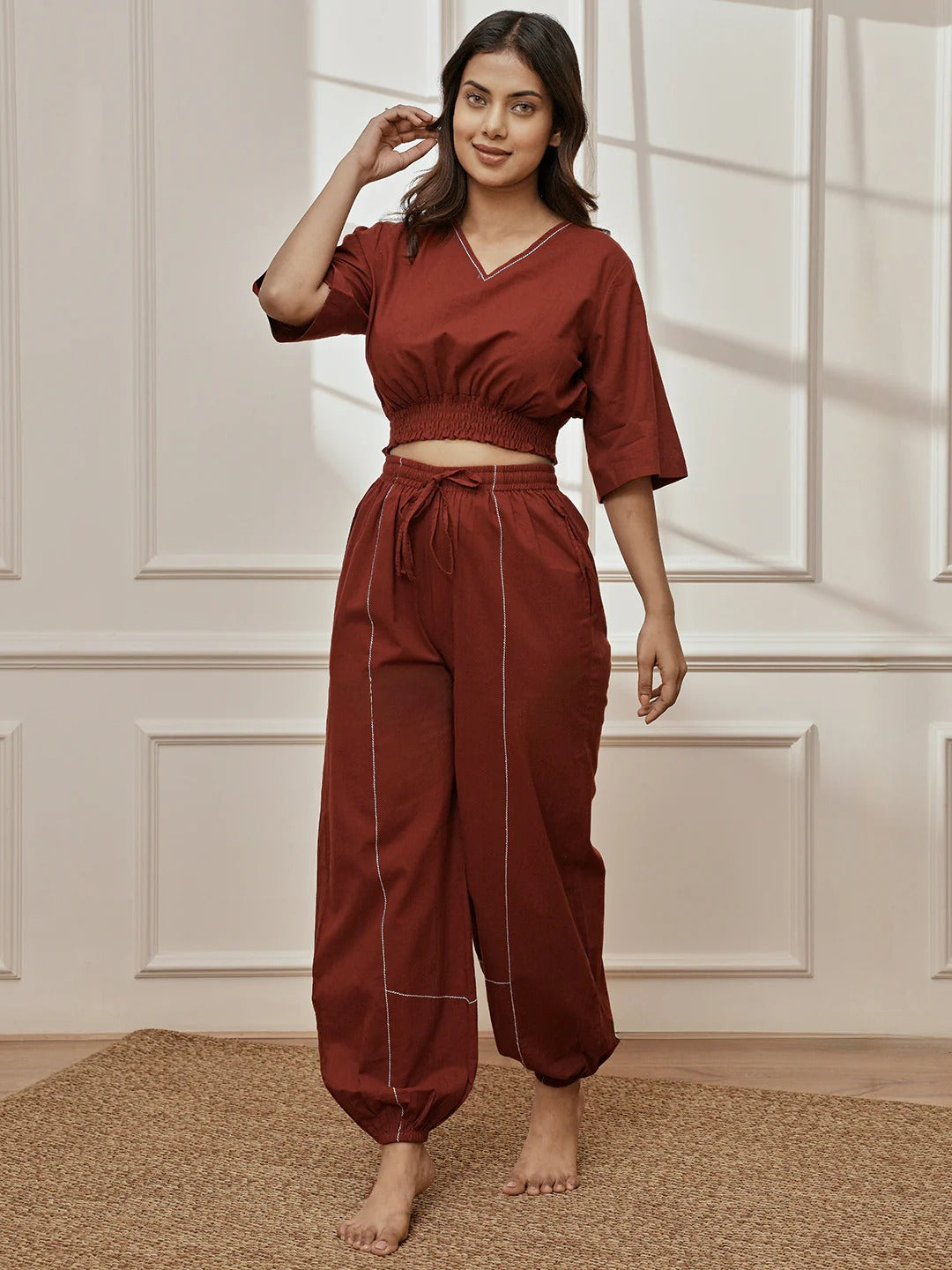 Womens Maroon V-Neck Cambric Crop Top with Joggers Yoga Pants