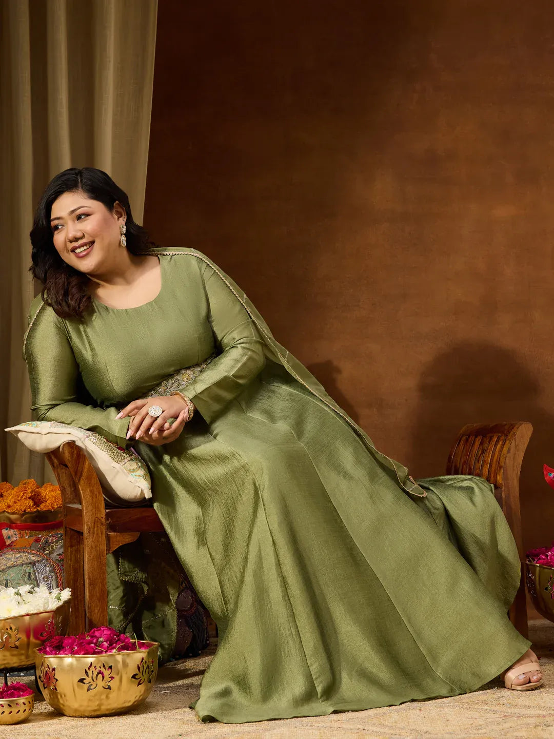 Women's Plus Size Sage Green Silk Blend Flared Gown With Embellished Belt