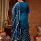 Women's Teal Blue Chanderi Silk Embellished Straight Kurta With Palazzo & Dupatta Set