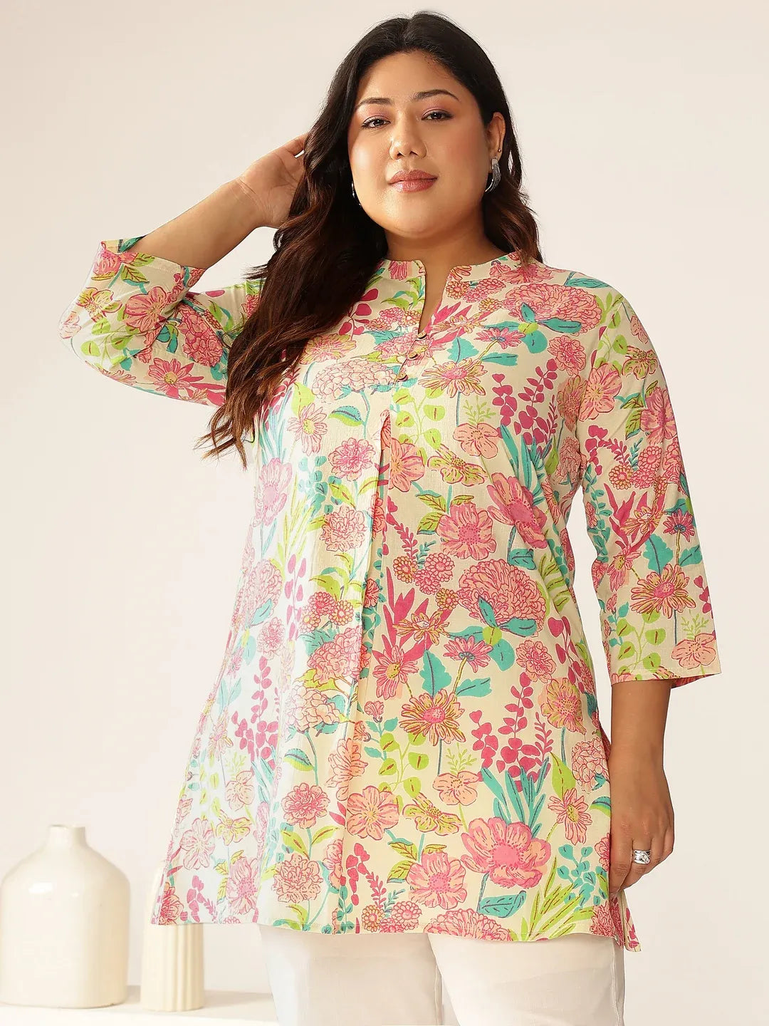 Plus Size Pure Cotton Floral Printed A-line Tunic