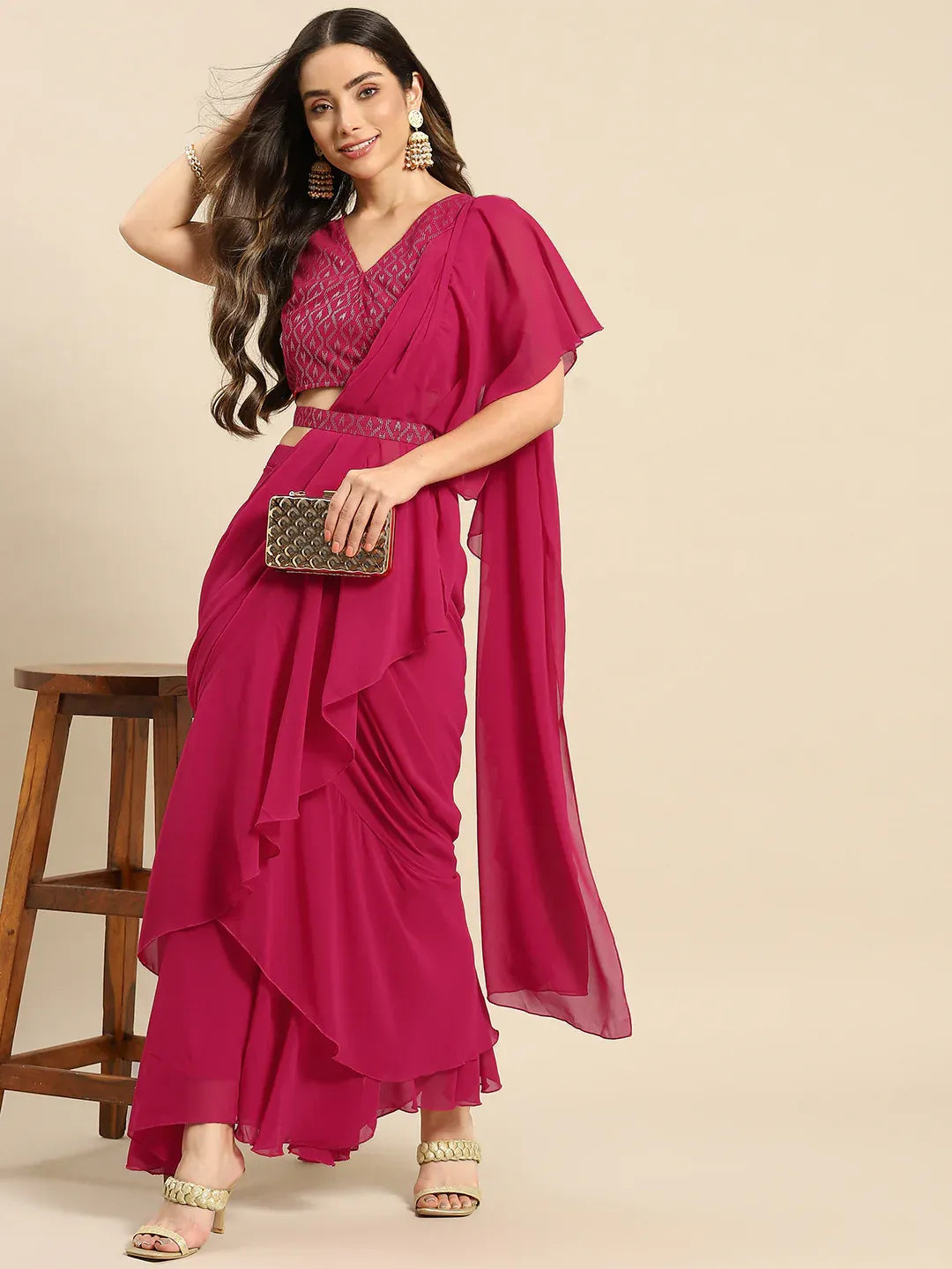 Blouse with prestiched frill Gown with Attached Drape