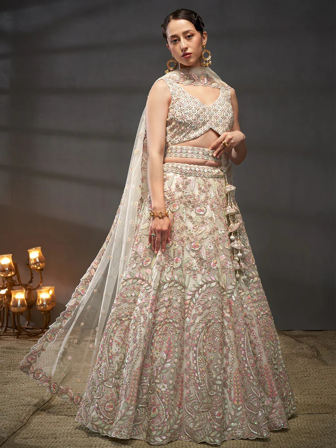 Cream - Multi Sequins Heavy Zarkan Net Embroidered Semi-Stitched Bridal Lehenga choli