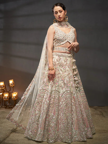 Cream - Multi Sequins Heavy Zarkan Net Embroidered Semi-Stitched Bridal Lehenga choli