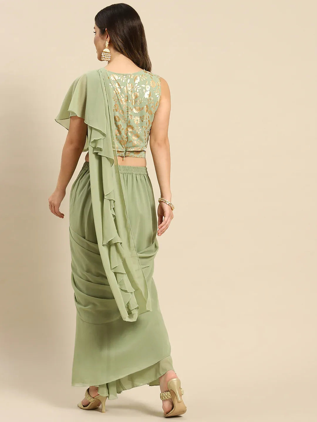 Blouse with prestiched frill Gown with Attached Drape
