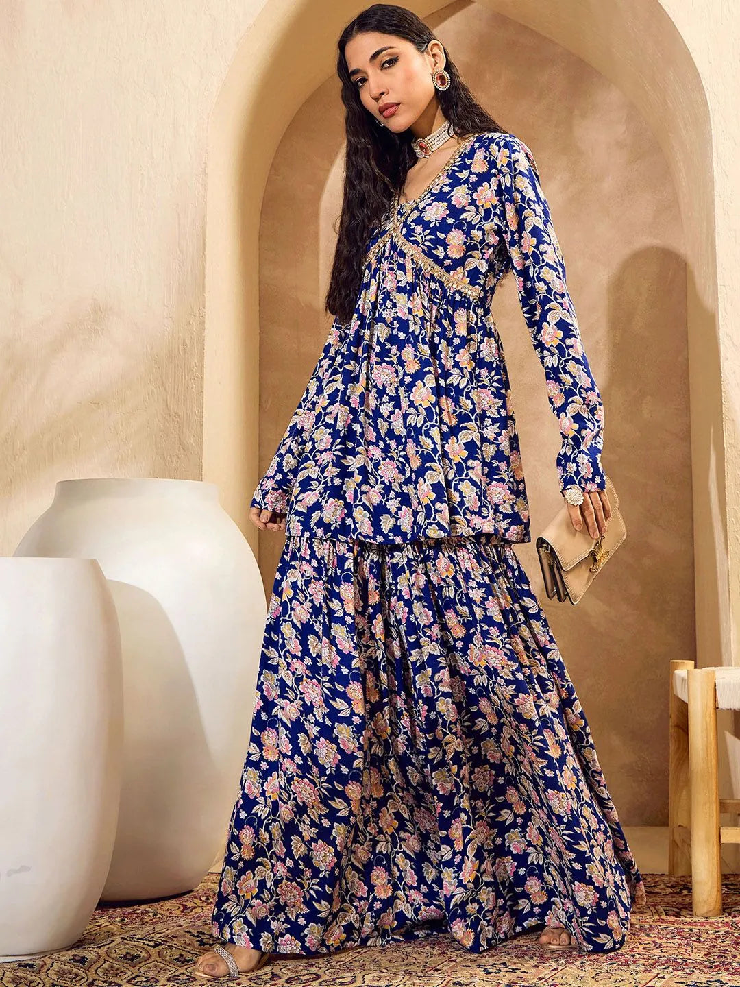 Floral Printed Thread Work Anarkali Kurta with Sharara