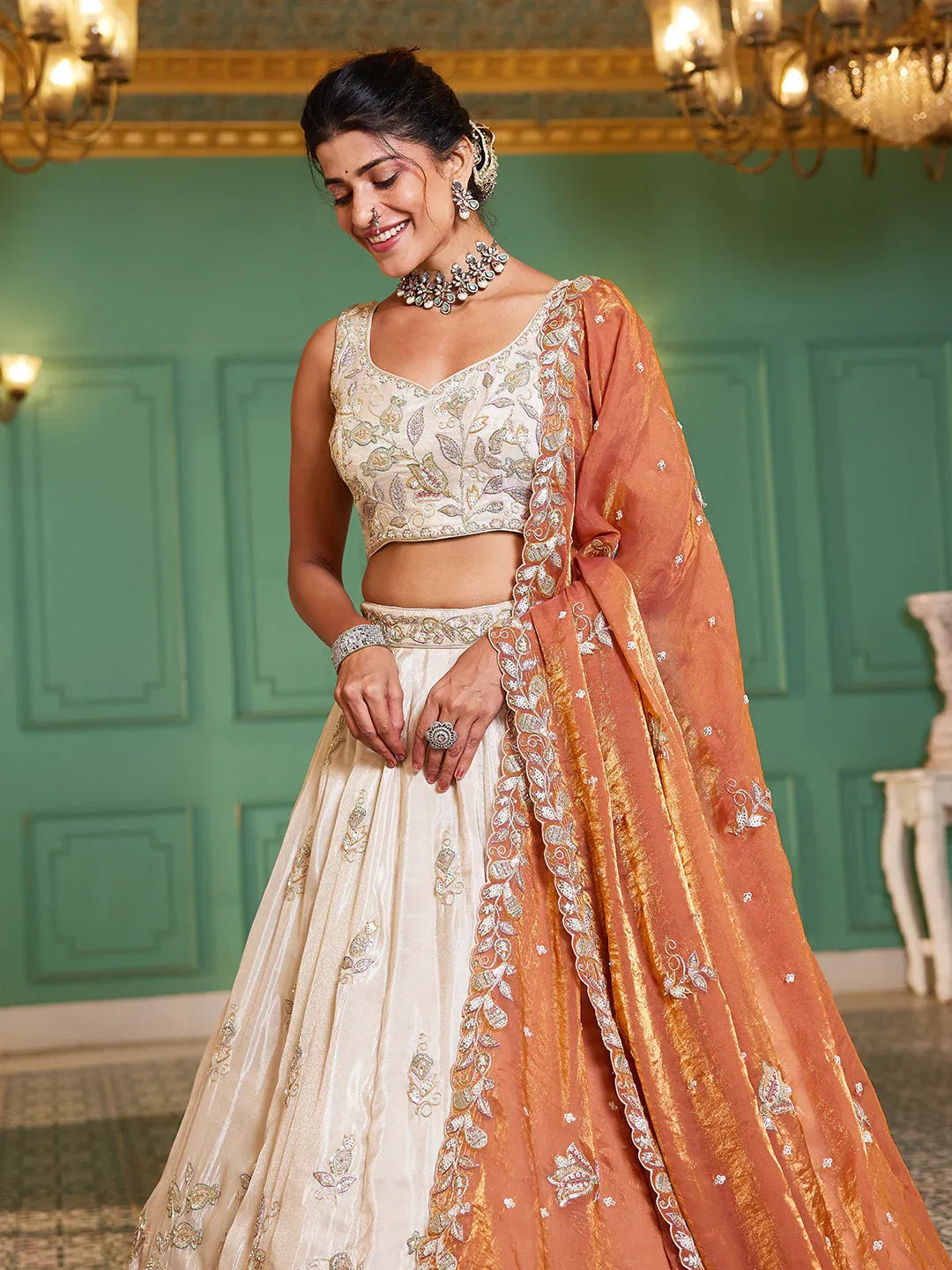 Tissue Fabric with Sequins & Thread Embroidery Semi-Stitched Lehenga Choli & Dupatta - Green/Orange/Purple