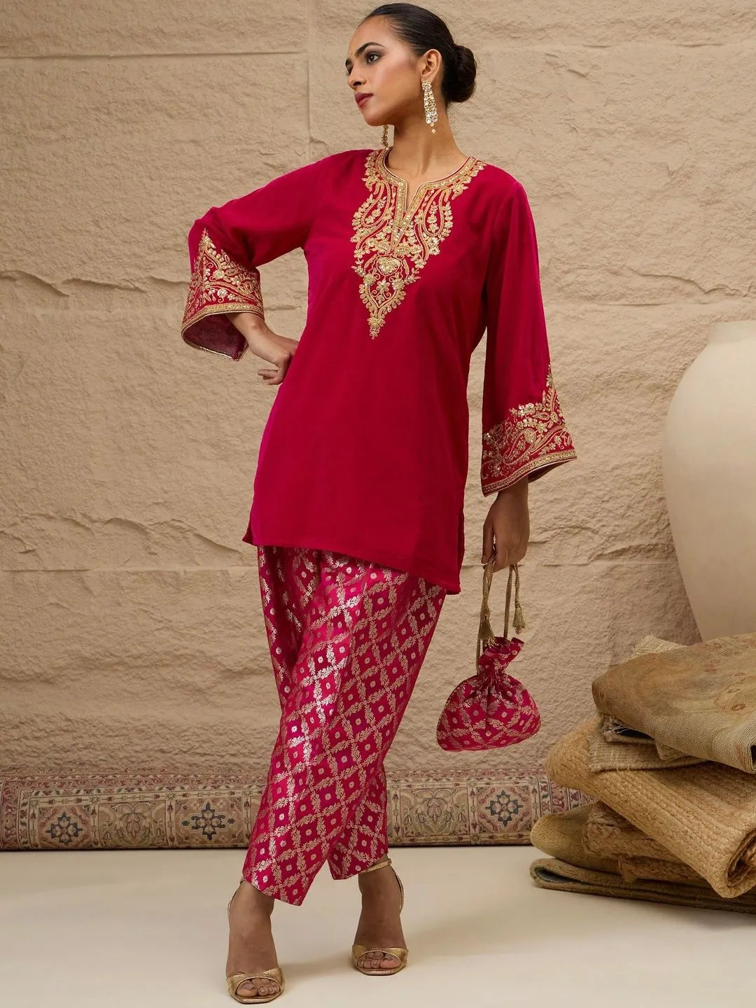 Ethnic Motifs Embroidered Thread Work Velvet Kurta With Patiala