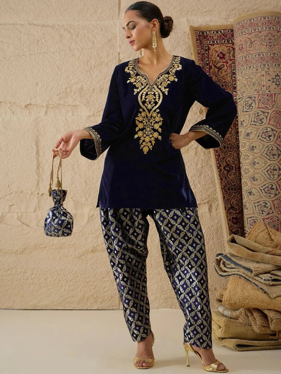 Ethnic Motifs Embroidered Thread Work Velvet Kurta With Patiala