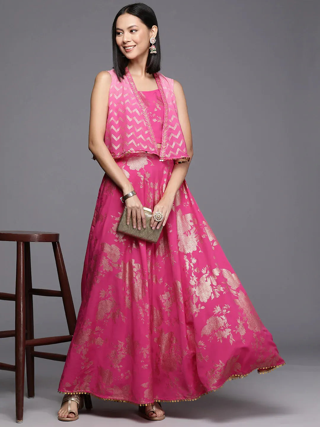 Pink Floral Printed Co-Ords Set with Sequins and Lace Detail