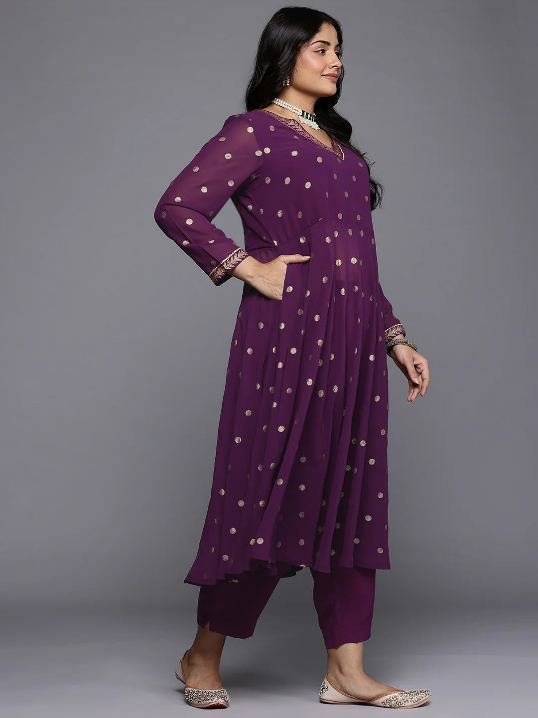 Plus Size Printed Empire Gotta Patti Kurta with Trousers & With Dupatta