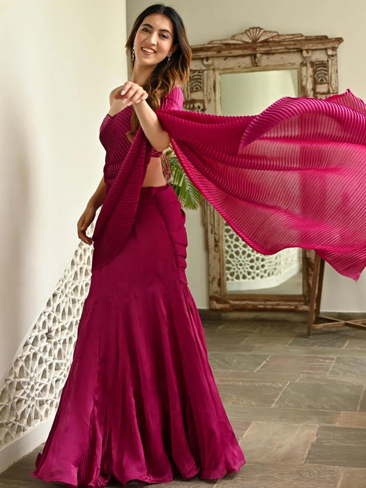Magenta Pink Pleated Ready to Wear Saree