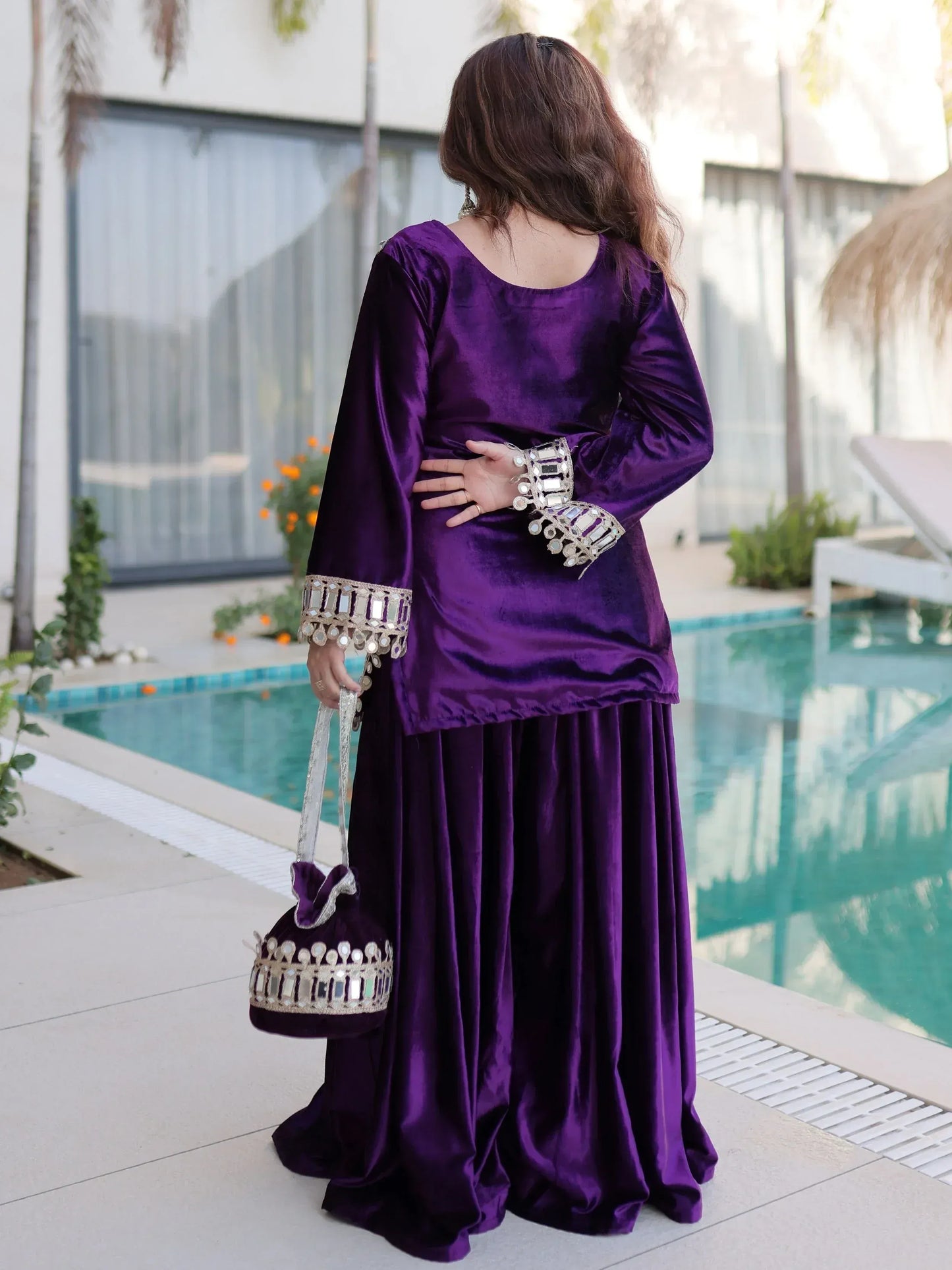 Teal blue and purple velvet mirror work sharara set for women, festive party wear, view 14