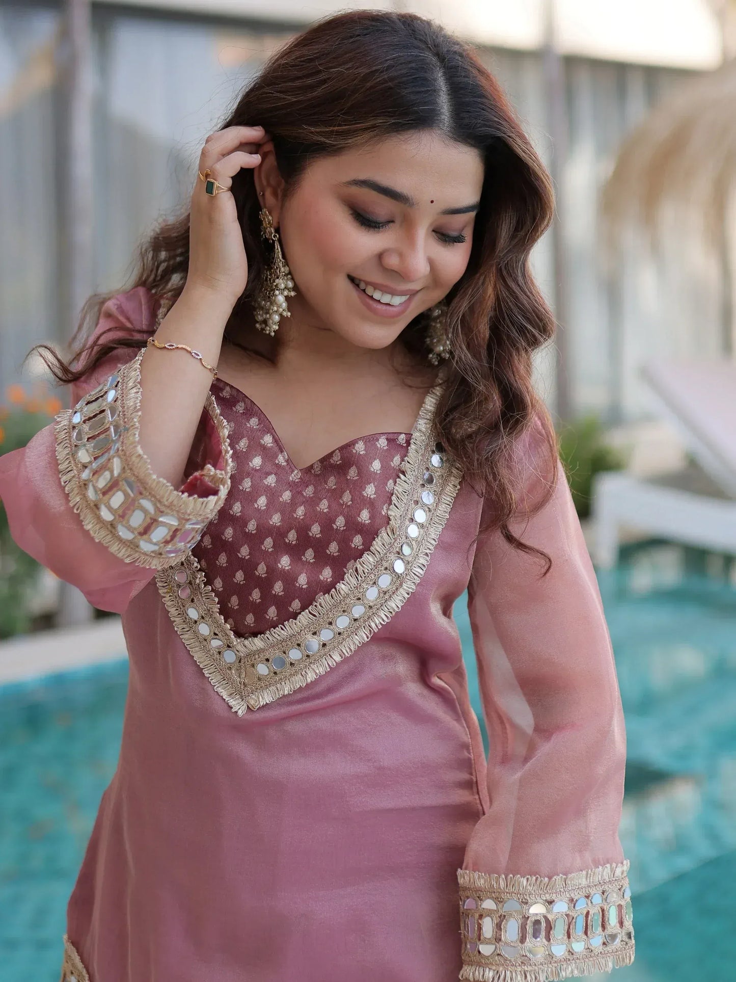 Fabulous Mirror Work Organza Function Wear Top With Palazzo