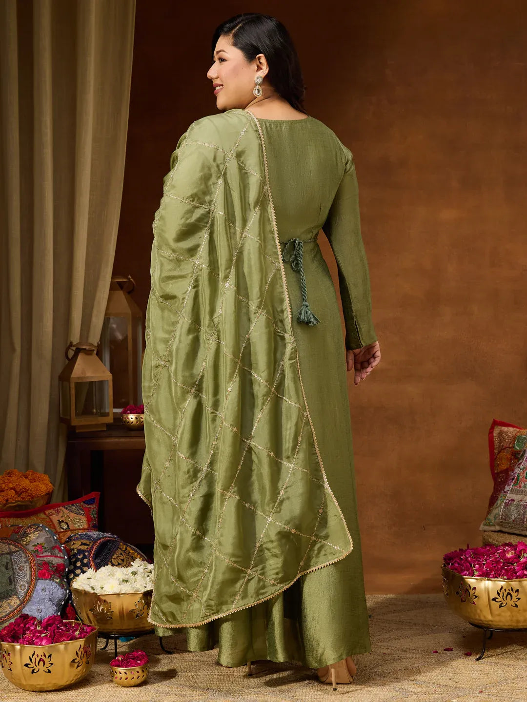 Women's Plus Size Sage Green Silk Blend Flared Gown With Embellished Belt