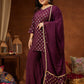 Women's Plus Size Wine Chanderi Silk Embellished Gold Printed Straight Kurta With Sharara & Dupatta Set