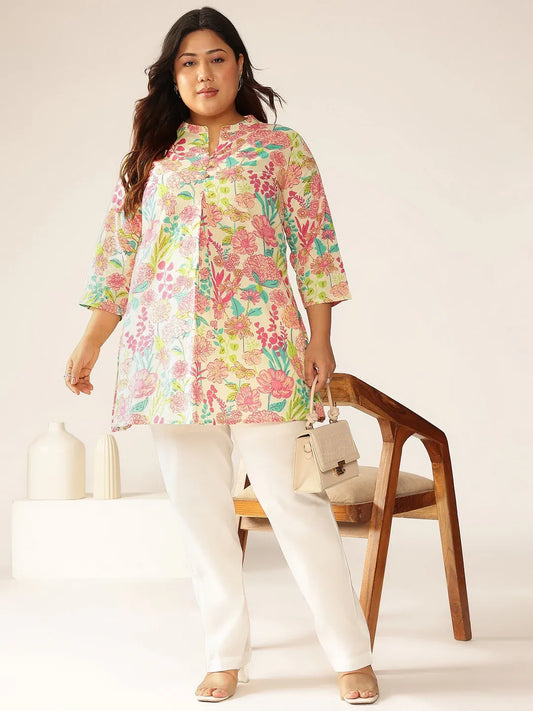 Plus Size Pure Cotton Floral Printed A-line Tunic