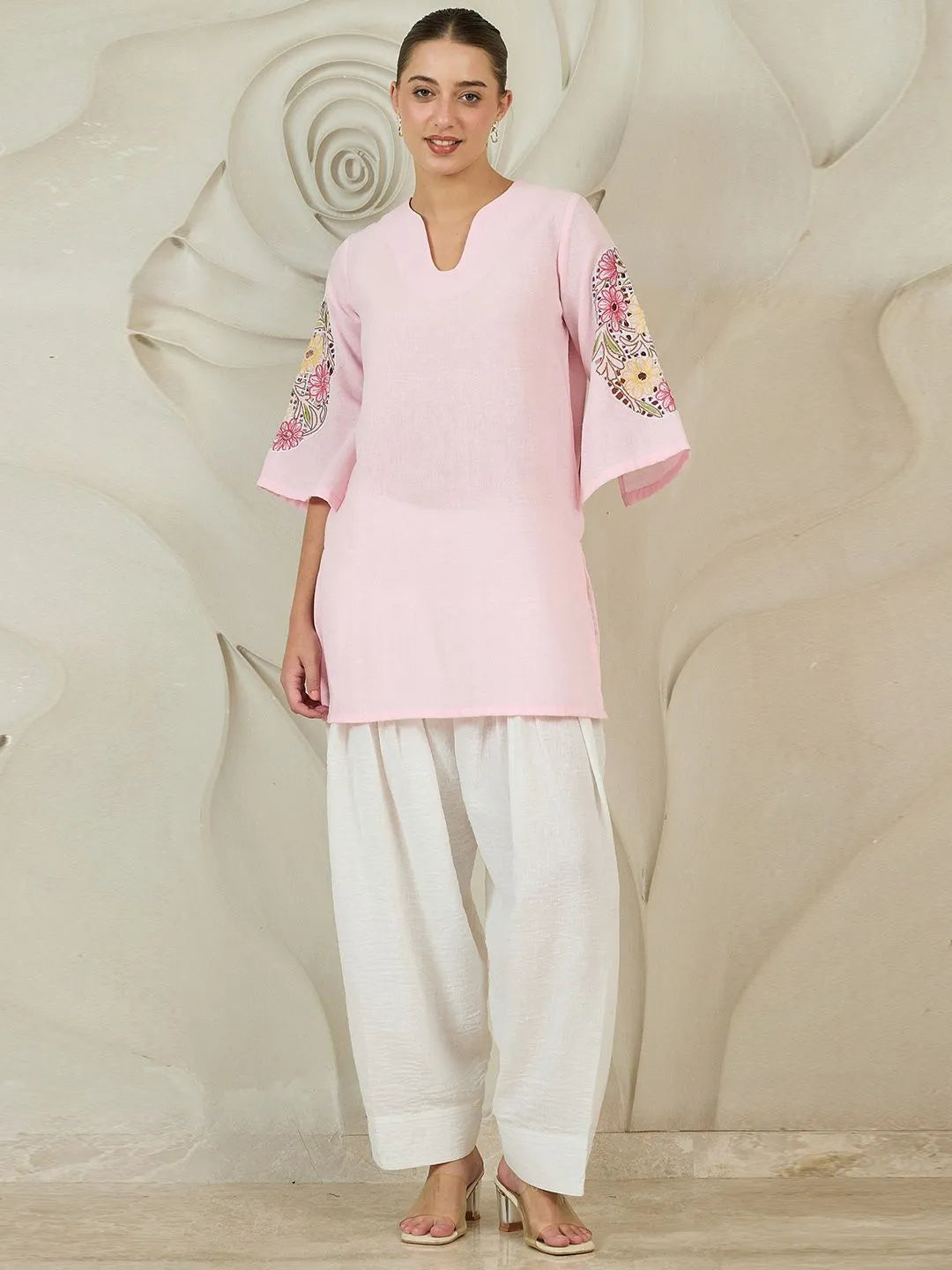 Women Farshi Floral Embroidered U-Neck Pure Cotton Kurti with Salwar
