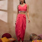 Coral V-Neck Crop Top With Draped Skirt & Cape