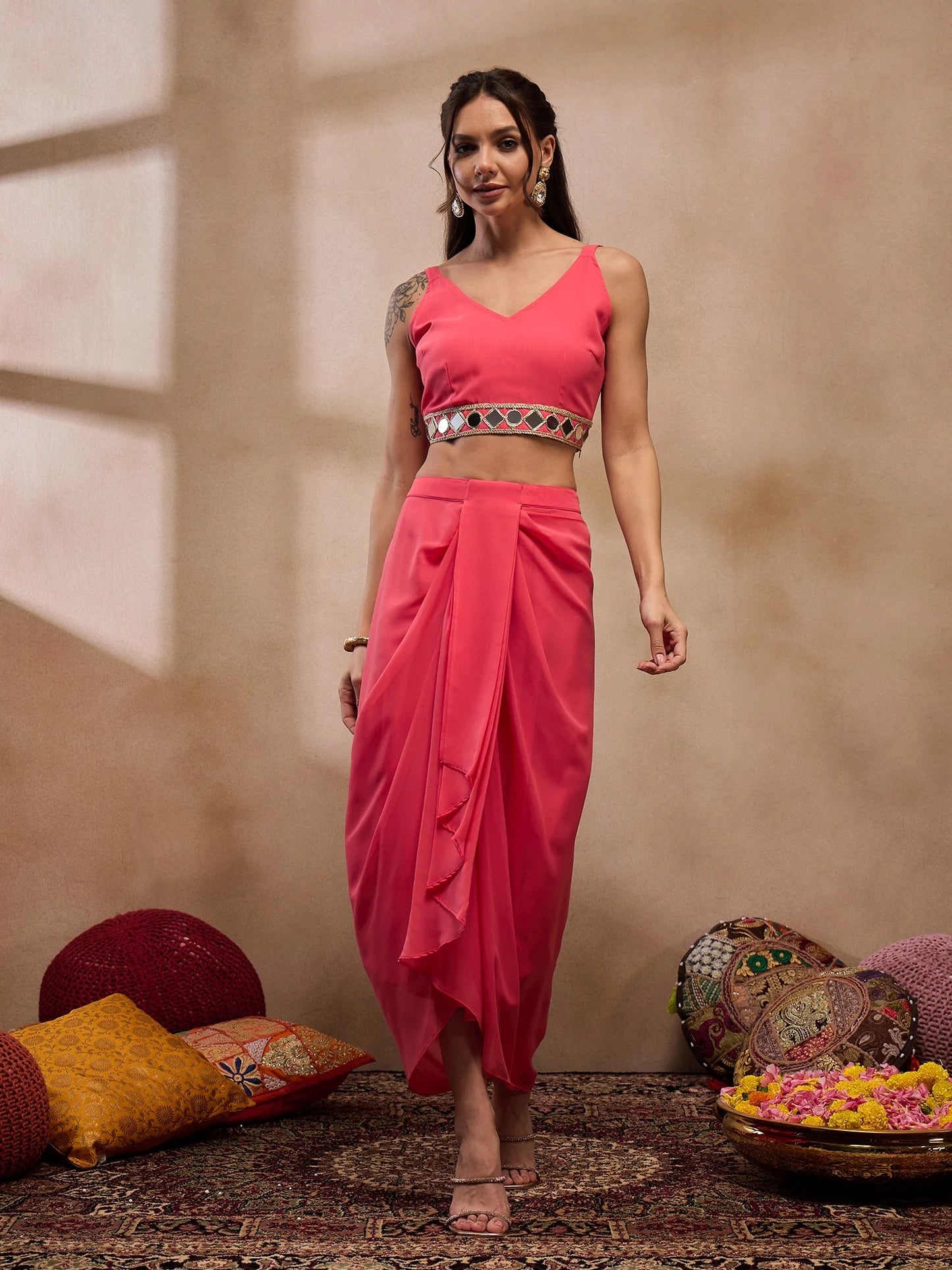 Coral V-Neck Crop Top With Draped Skirt & Cape