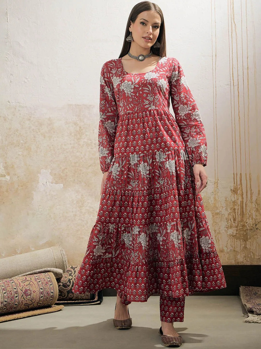 Women Floral Printed Round Neck Tiered Anarkali Pure Cotton Kurta With Trouser
