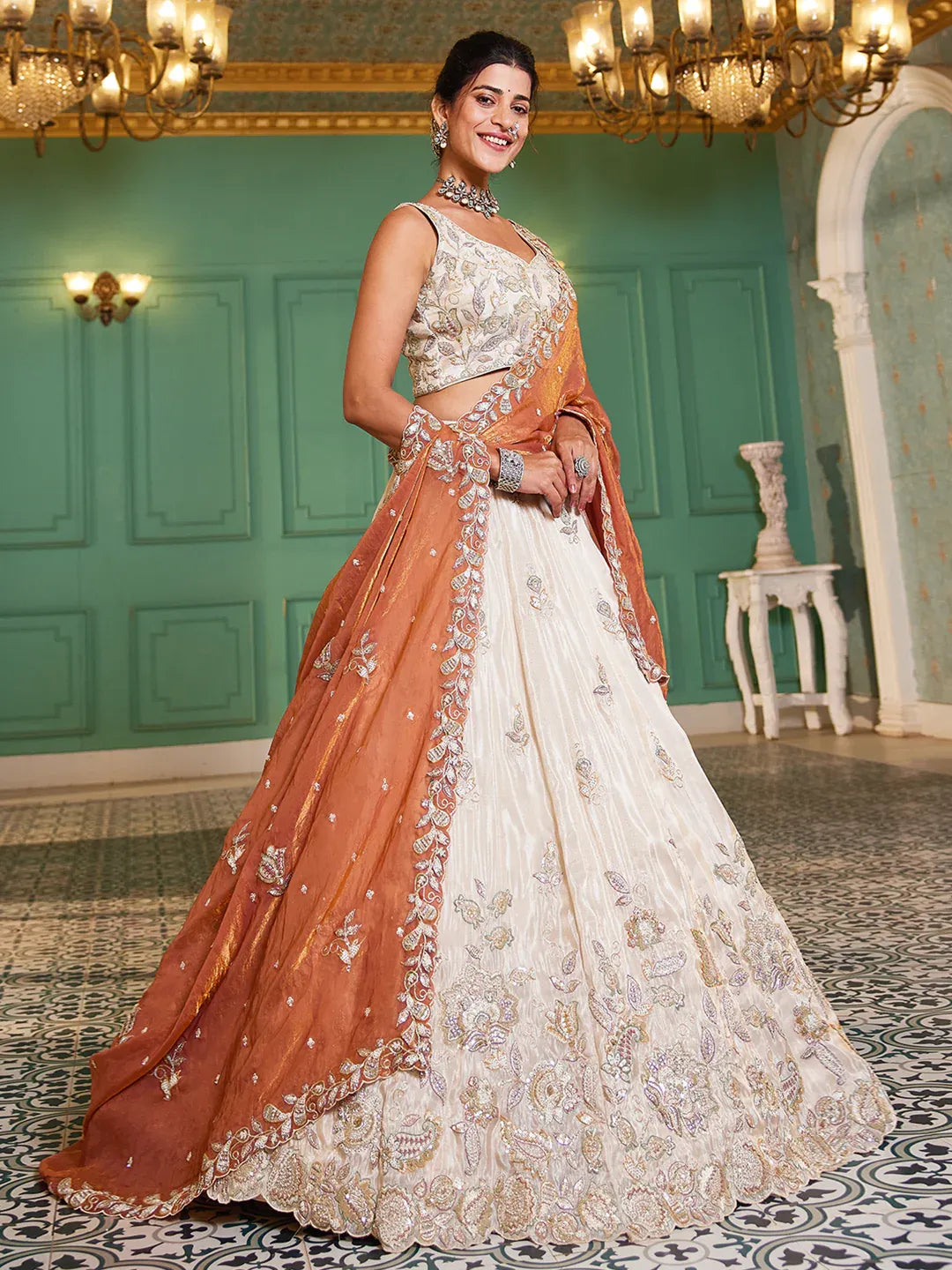 Tissue Fabric with Sequins & Thread Embroidery Semi-Stitched Lehenga Choli & Dupatta - Green/Orange/Purple