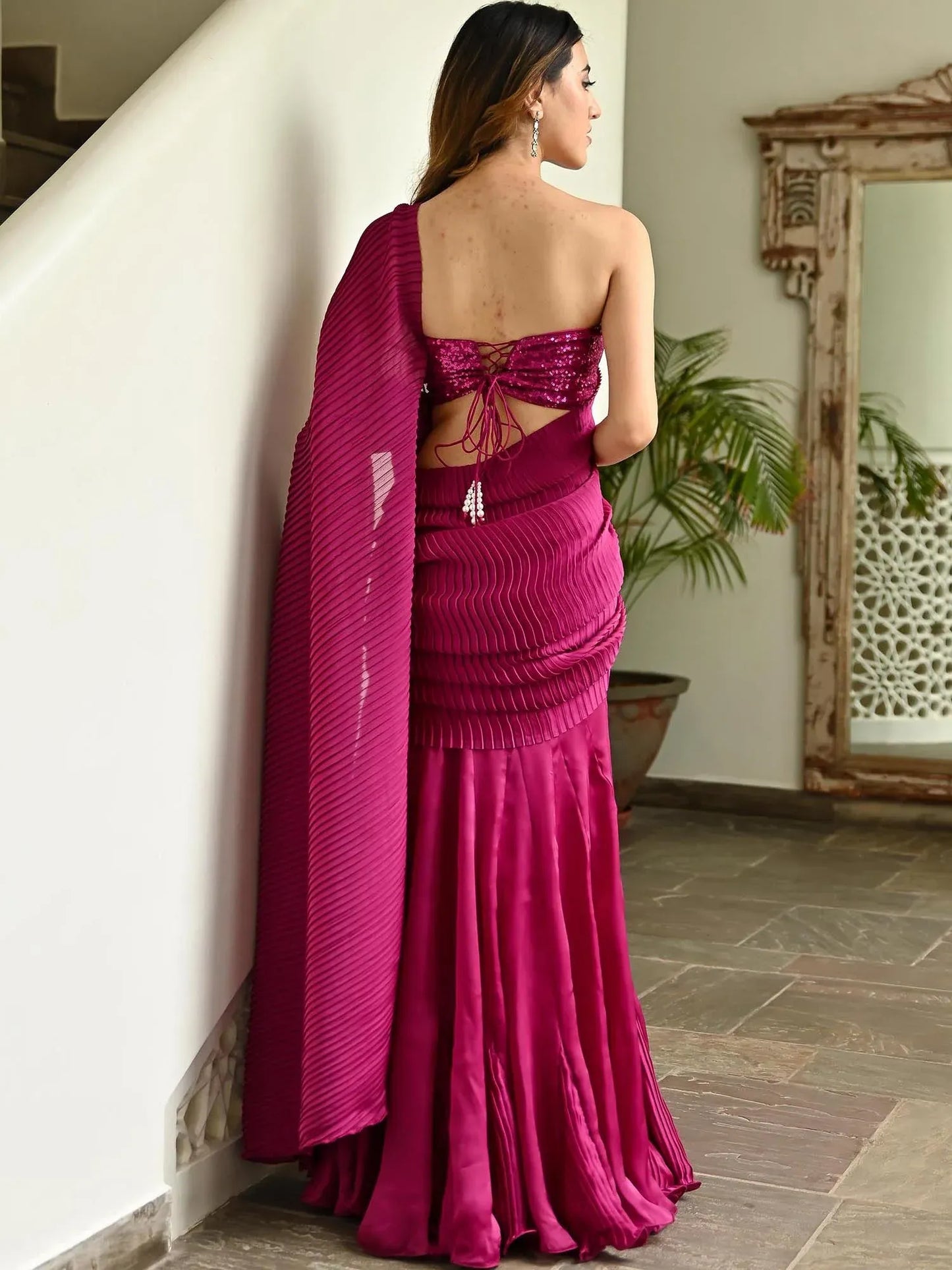 Magenta Pink Pleated Ready to Wear Saree