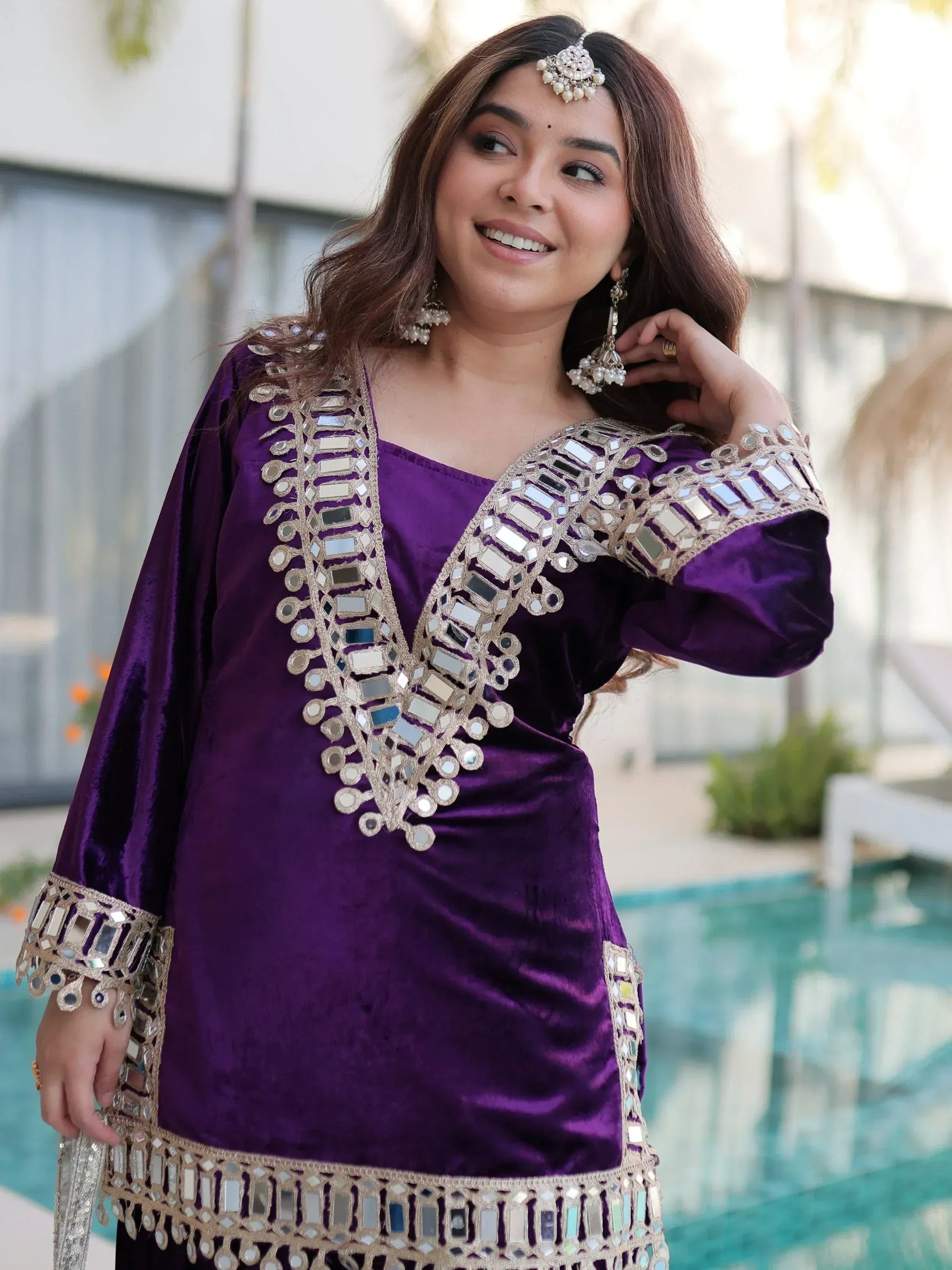 Teal blue and purple velvet mirror work sharara set for women, festive party wear, view 15