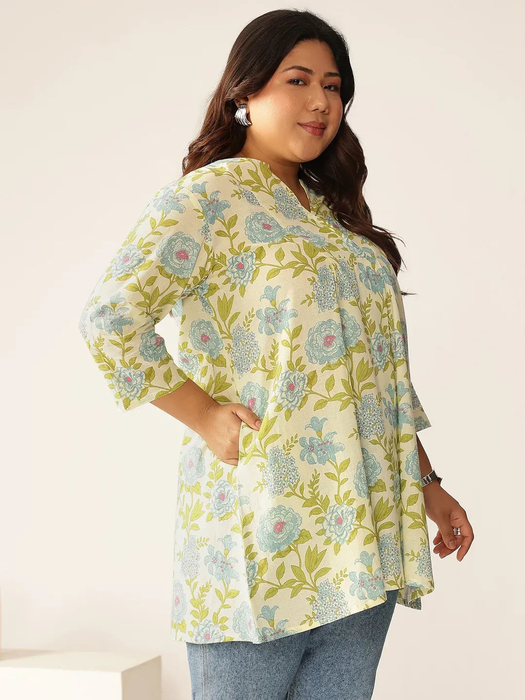 Plus Size Pure Cotton Floral Printed A-line Tunic