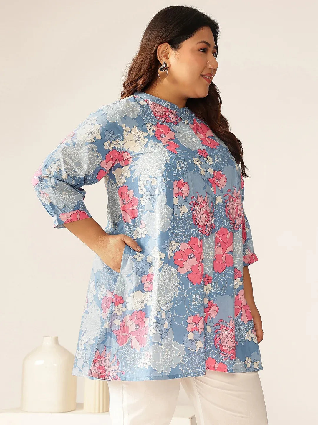 Plus Size Pure Cotton Floral Printed A-line Tunic