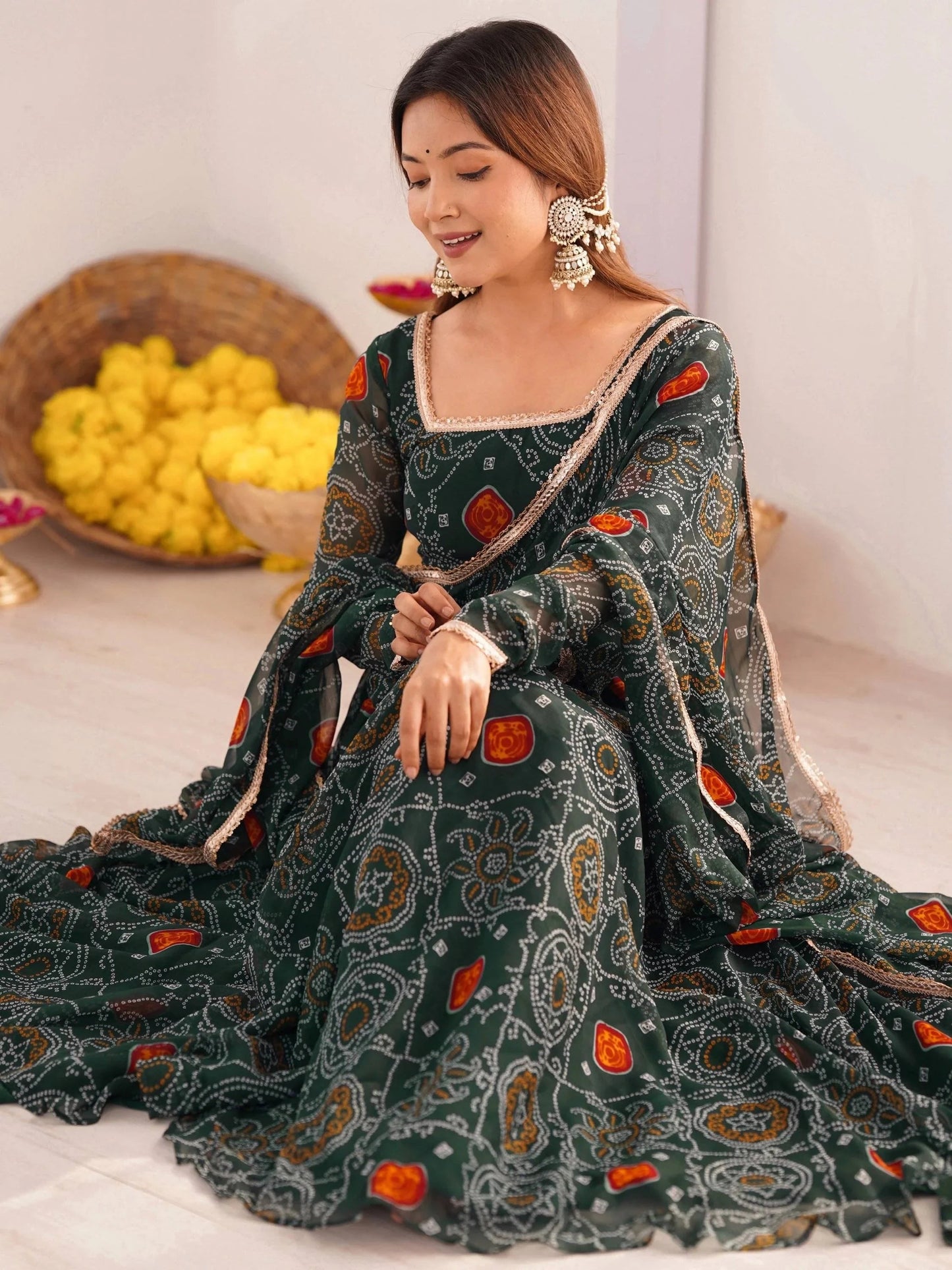 Wonderful Green Bandhej Printed Georgette Casual Wear Anarkali Suit