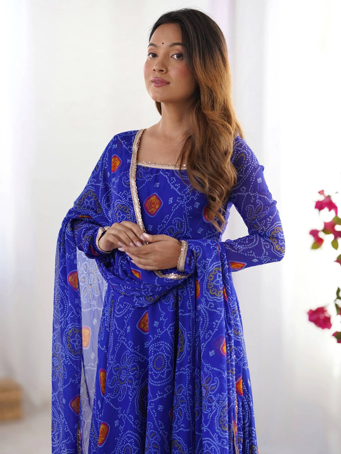 Fabulous Royal Blue Bandhej Printed Georgette Festive Wear Anarkali Suit