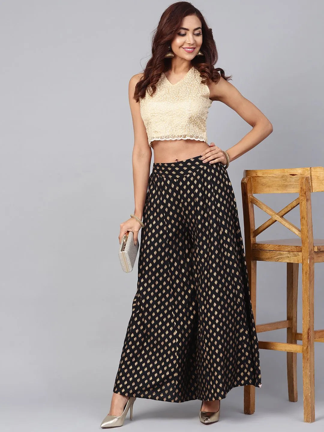 Black Ethnic Motif Printed Rayon Flared Women Palazzo With One Pocket