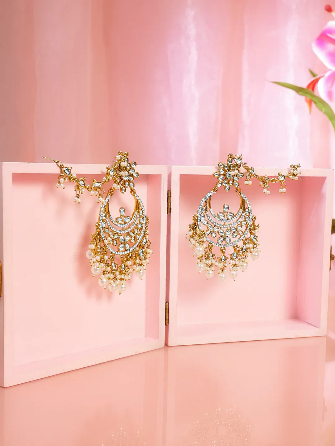 Pearl Cluster Kundan Chandbali with Ear Chain