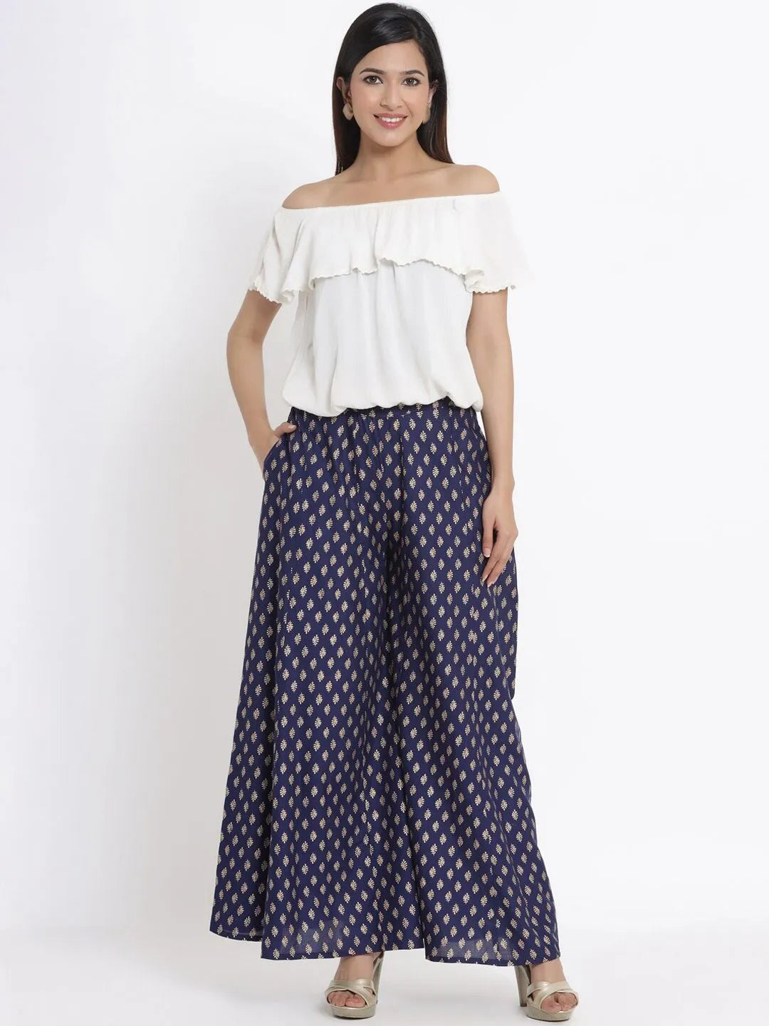 Navy Blue Ethnic Motif Printed Rayon Flared Women Palazzo With One Pocket