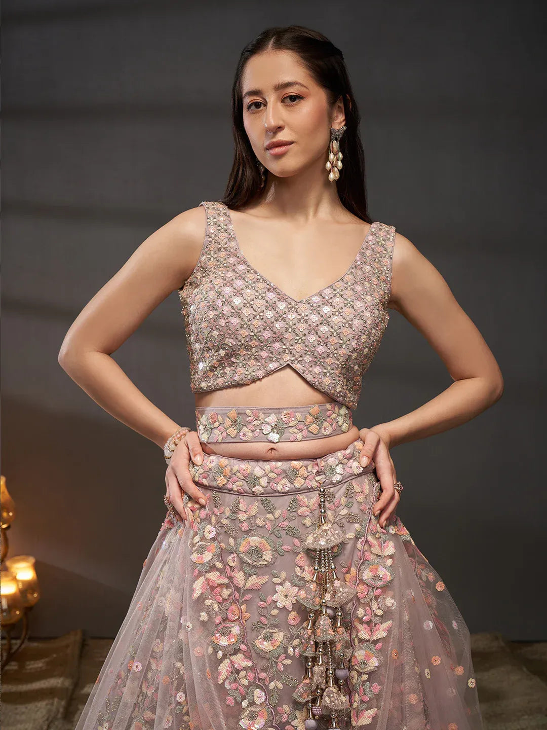 Lavender - Multi Sequins Embroidered Net Semi-Stitched Bridal Lehenga choli