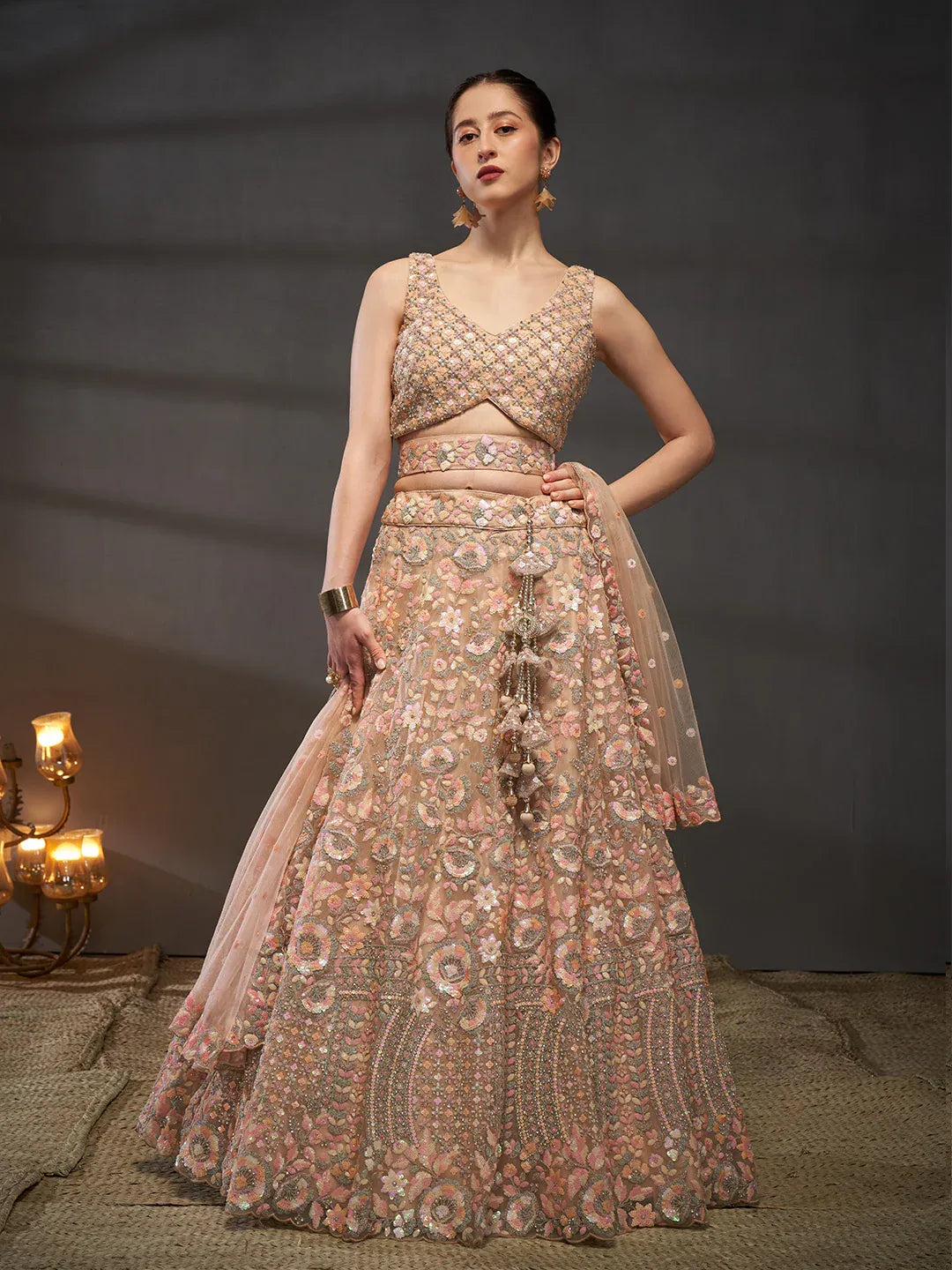 Peach - Multi Sequins Embroidered Net Semi-Stitched Bridal Lehenga choli