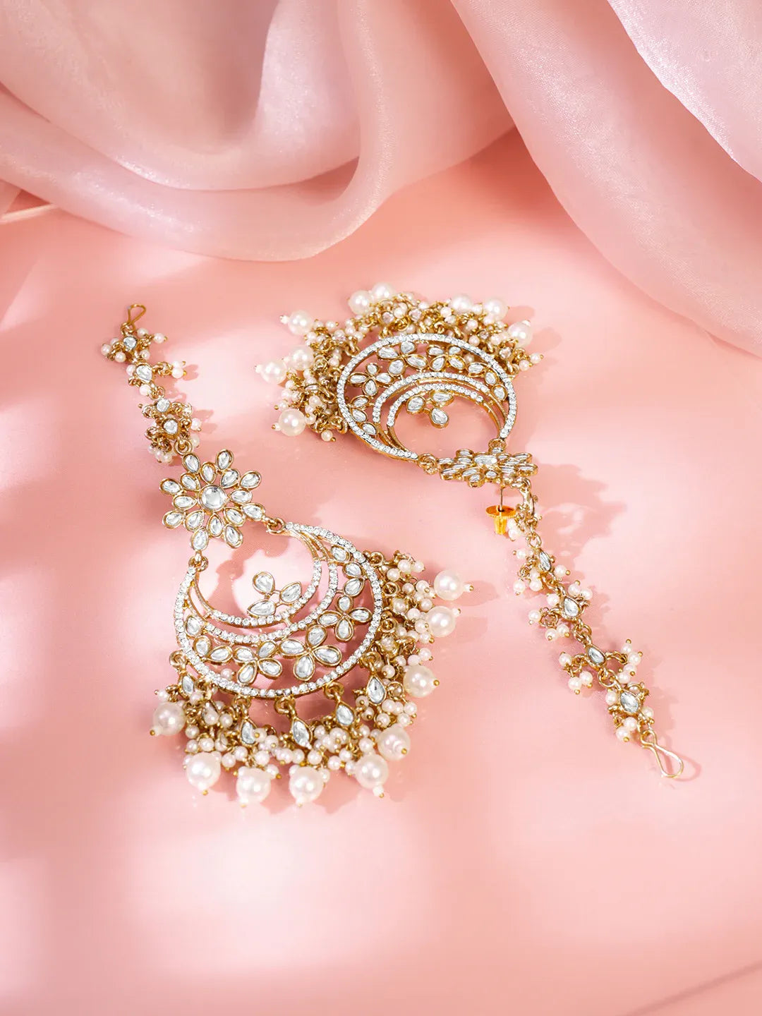 Pearl Cluster Kundan Chandbali with Ear Chain