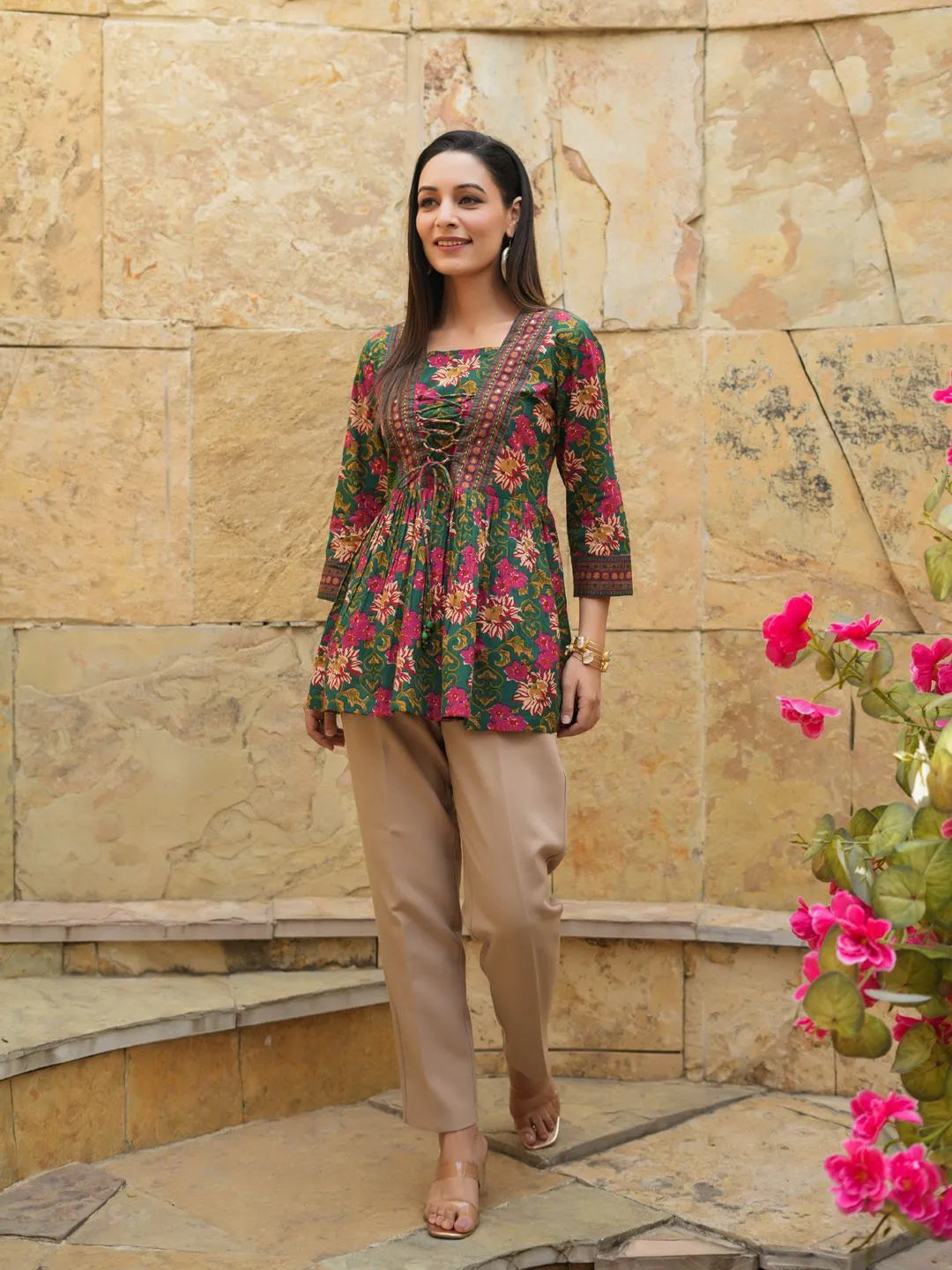 Floral Printed V-Neck, A-Line Tie-Ups Peplum Print Cotton Top