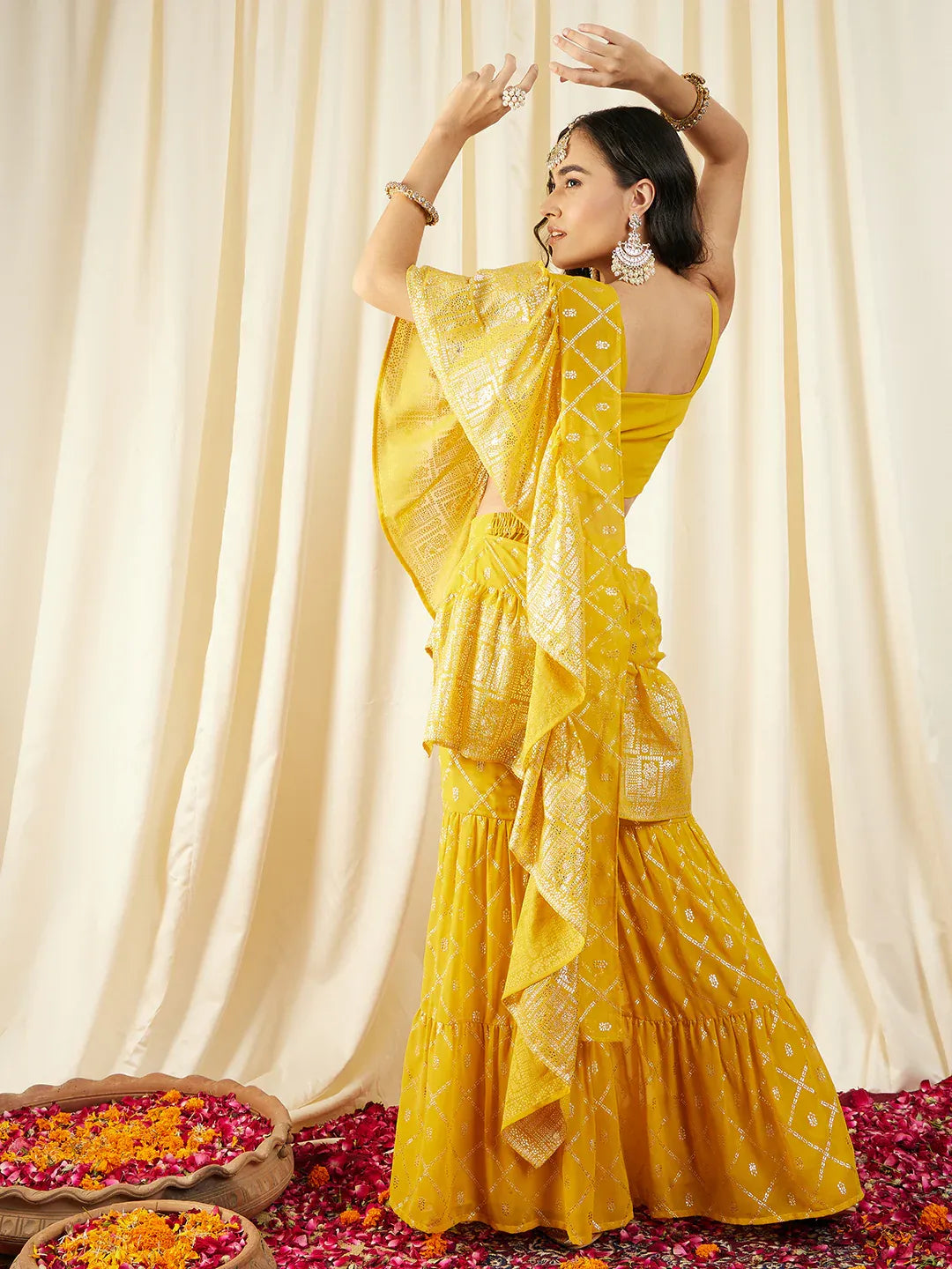Crop Top with Sharara Saree and frill Dupatta in Ethnic Motifs