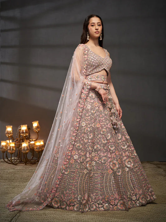 Lavender - Multi Sequins Embroidered Net Semi-Stitched Bridal Lehenga choli