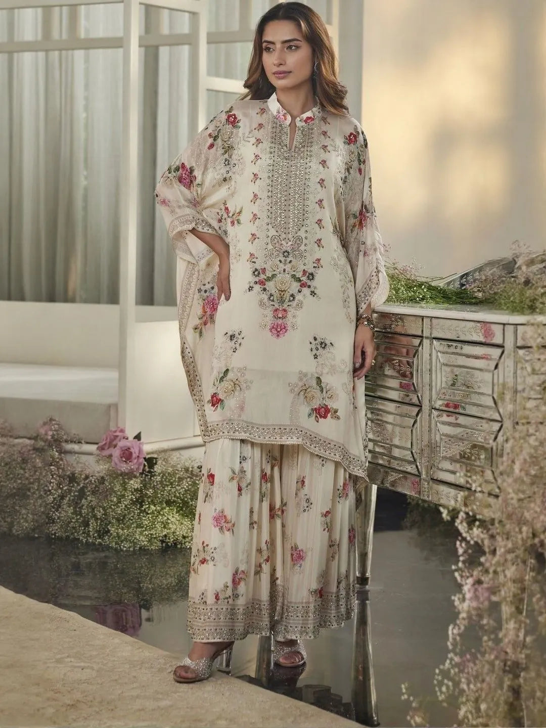 Floral Printed Mandarin Collar A-Line Kurta With Palazzos