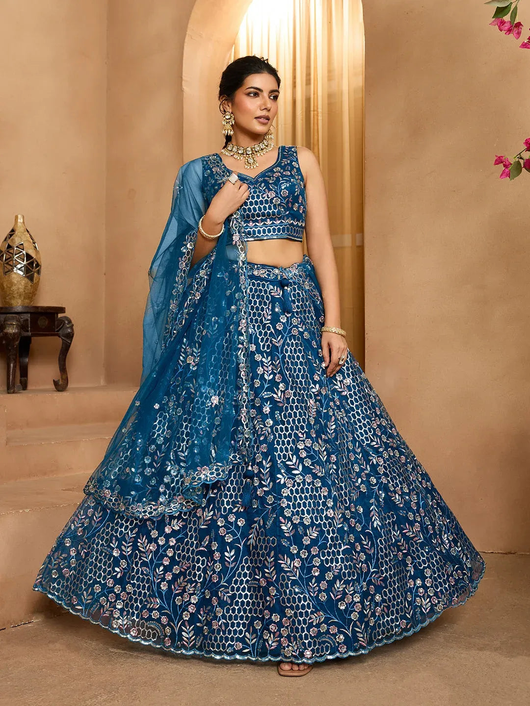 Grey/Navy - Net Fabric Sequins embroidery Semi-Stitched Lehenga & Unstitched Blouse With Dupatta