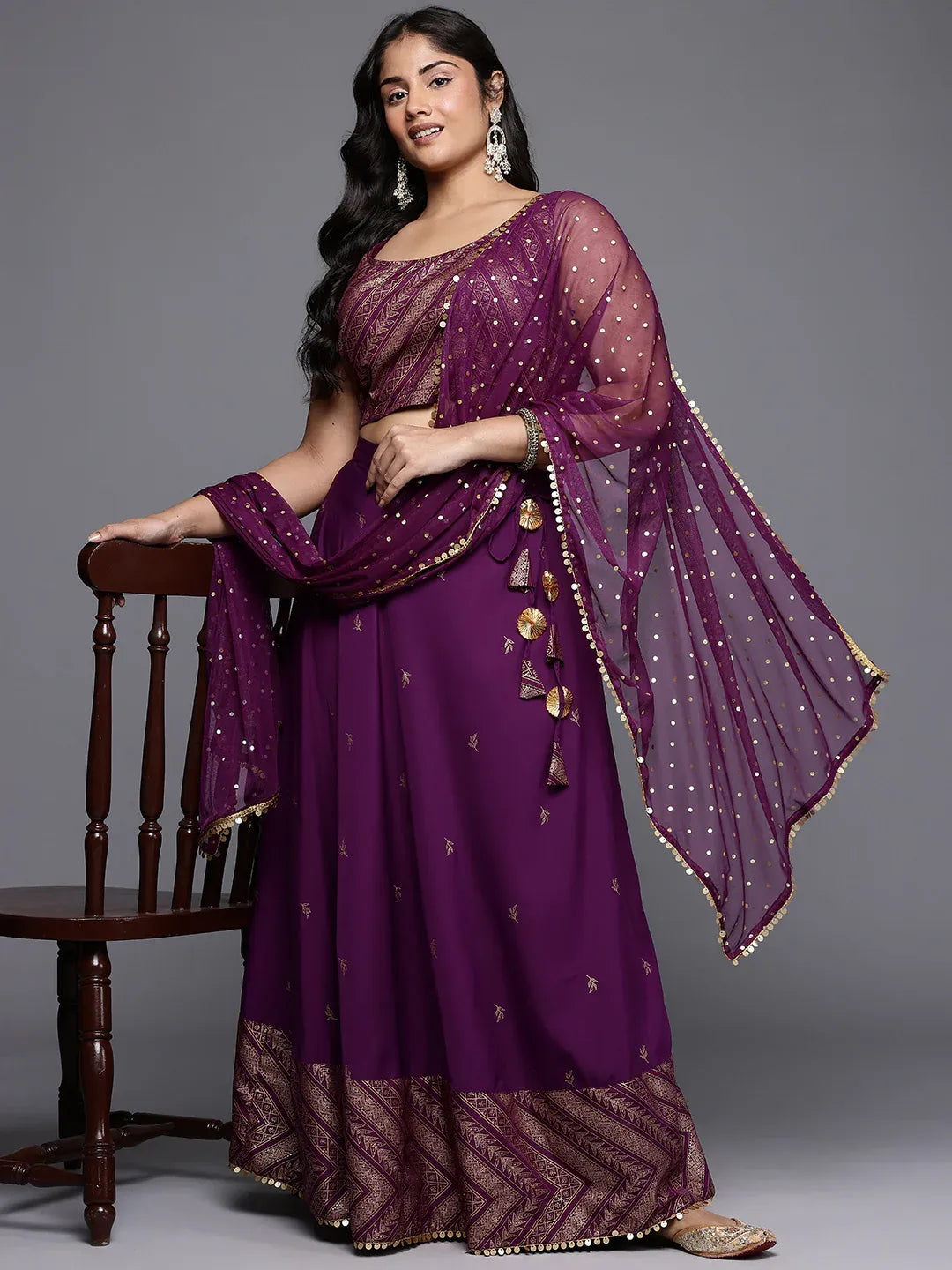 Plus Size Printed Sequined Detail Foil Print Lehenga Choli With Dupatta