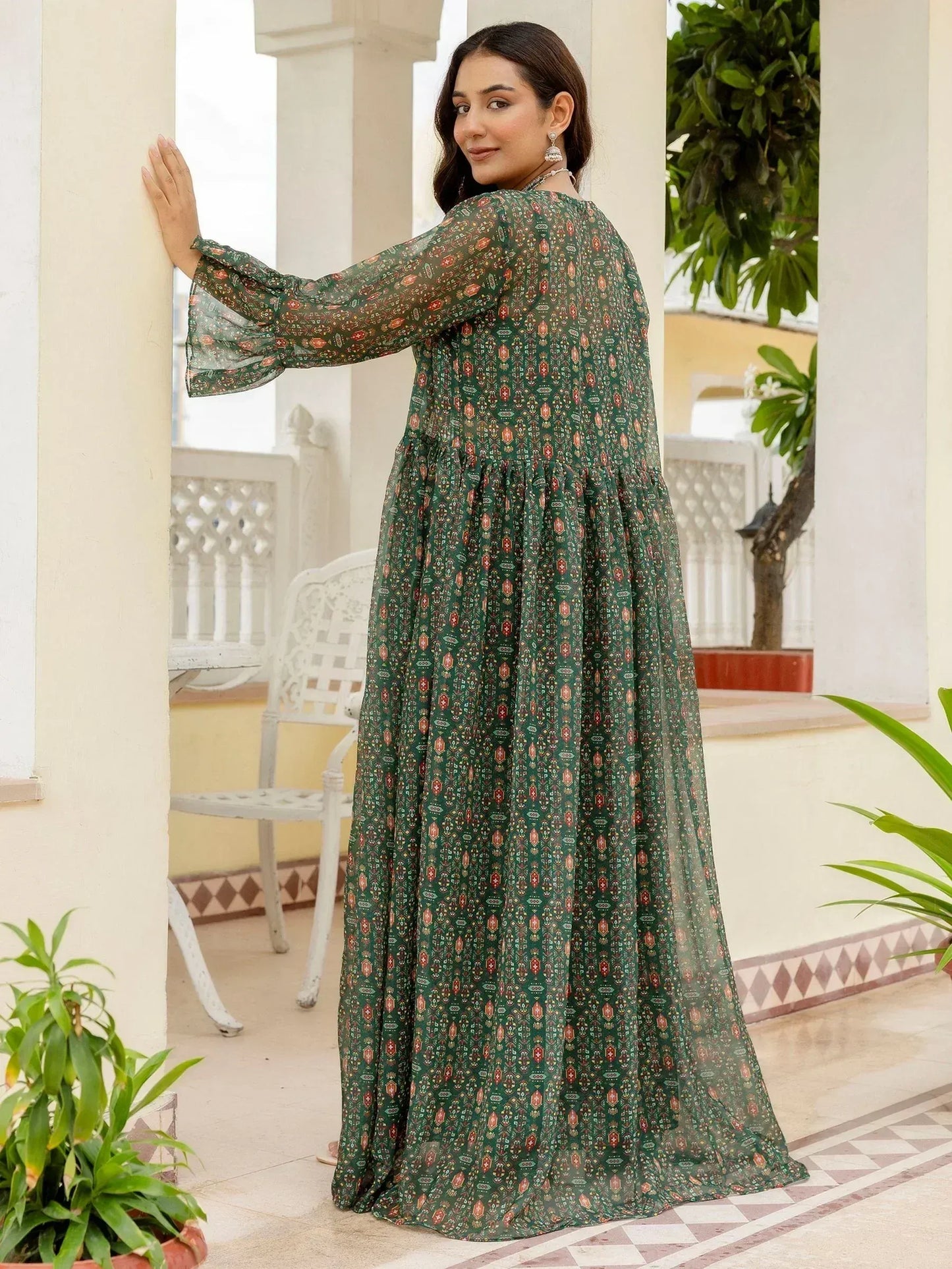 Bottle Green Digital Printed Georgette Designer Sharara Suit With Jacket